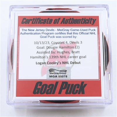 Dougie Hamilton - New Jersey Devils - Goal Puck - October 13, 2023 vs. Arizona Coyotes (New Jersey Devils Logo)
