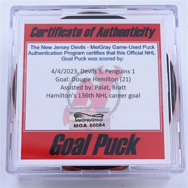 Dougie Hamilton - New Jersey Devils - Goal Puck - April 4, 2023 vs. Pittsburgh Penguins (Devils 40th Anniversary Logo)