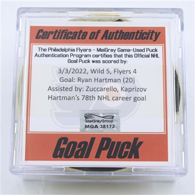 Ryan Hartman - Minnesota Wild - Goal Puck - March 3, 2022 vs Philadelphia Flyers (Flyers logo)
