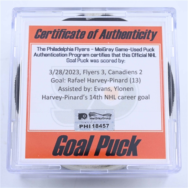 Rafael Harvey-Pinard - Montreal Canadiens - Goal Puck - March 28, 2023 vs. Philadelphia Flyers (Flyers Logo)