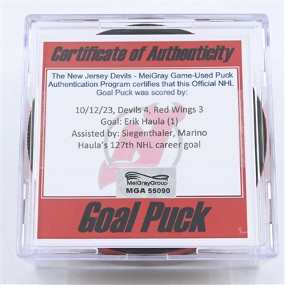 Erik Haula - New Jersey Devils - Goal Puck - October 12, 2023 vs. Detroit Red Wings (Devils Logo)