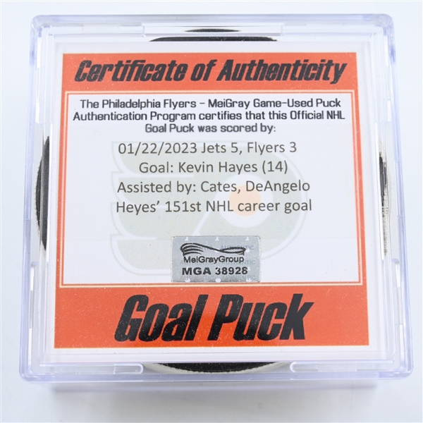 Kevin Hayes - Philadelphia Flyers - Goal Puck -  January 22, 2023 vs. Winnipeg Jets (Flyers Logo)