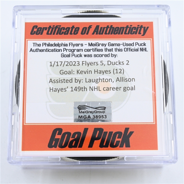 Kevin Hayes - Philadelphia Flyers - Goal Puck -  January 17, 2023 vs. Anaheim Ducks (Philadelphia Flyers Logo)