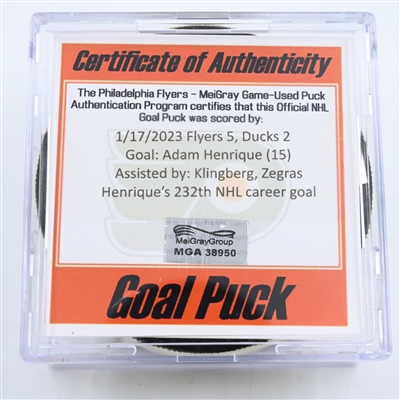 Adam Henrique - Anaheim Ducks - Goal Puck -  January 17, 2023 vs. Philadelphia Flyers (Flyers Logo)
