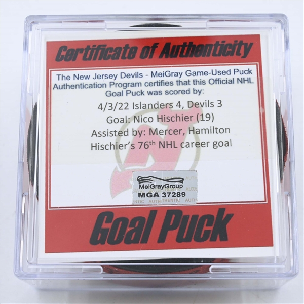 Nico Hischier - New Jersey Devils - Goal Puck - April 3, 2022 vs. New York Islanders (Devils Logo)