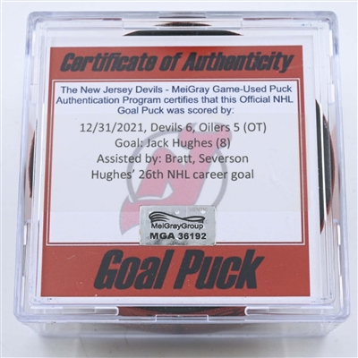 Jack Hughes - New Jersey Devils - Goal Puck - December 31, 2021 vs. Edmonton Oilers (Devils Logo)