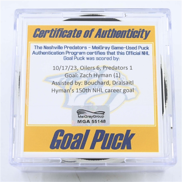 Zach Hyman - Edmonton Oilers - Goal Puck - October 17, 2023 vs. Nashville Predators (Predators 25th Anniversary Logo)