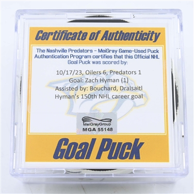 Zach Hyman - Edmonton Oilers - Goal Puck - October 17, 2023 vs. Nashville Predators (Predators 25th Anniversary Logo)