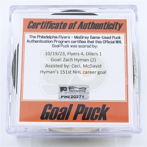 Zach Hyman - Edmonton Oilers - Goal Puck - October 19, 2023 vs. Philadelphia Flyers (Flyers Logo)