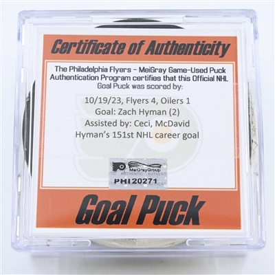 Zach Hyman - Edmonton Oilers - Goal Puck - October 19, 2023 vs. Philadelphia Flyers (Flyers Logo)