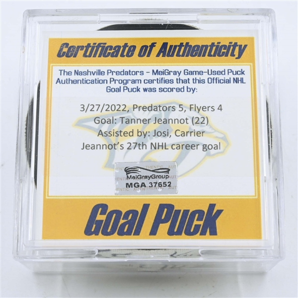 Tanner Jeannot - Nashville Predators - Goal Puck - March 27, 2022 vs. Philadelphia Flyers (Predators Logo)