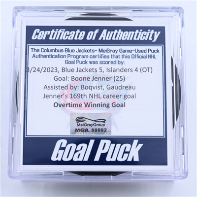 Boone Jenner - Columbus Blue Jackets - Goal Puck - March 24, 2023 vs. New York Islanders (Blue Jackets Logo)