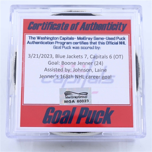 Boone Jenner - Columbus Blue Jackets - Goal Puck - March 21, 2023 vs. Washington Capitals (Capitals Logo)