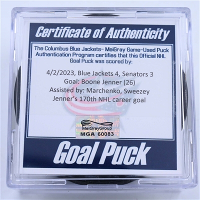 Boone Jenner - Columbus Blue Jackets - Goal Puck - April 2, 2023 vs. Ottawa Senators (Blue Jackets Logo)