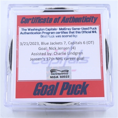 Nick Jensen - Washington Capitals - Goal Puck - March 21, 2023 vs. Columbus Blue Jackets (Capitals Logo)