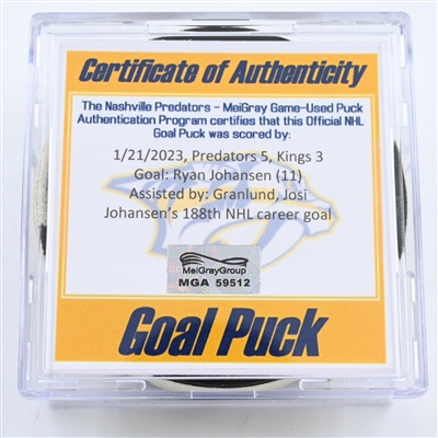 Ryan Johansen - Nashville Predators - Goal Puck -  January 21, 2023 vs. Los Angeles Kings (Predators Logo)