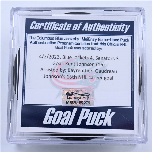 Kent Johnson - Columbus Blue Jackets - Goal Puck - April 2, 2023 vs. Ottawa Senators (Blue Jackets Logo)