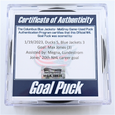 Max Jones - Anaheim Ducks - Goal Puck -  January 19, 2023 vs. Columbus Blue Jackets (Blue Jackets Logo)
