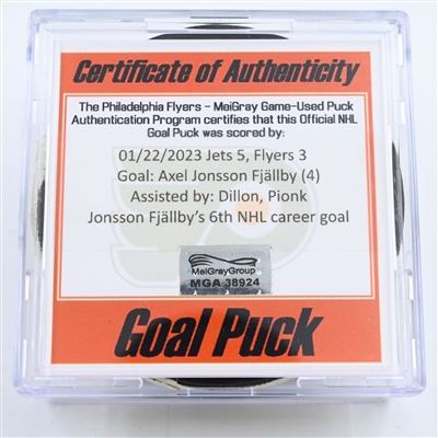 Axel Jonsson-Fjallby - Winnipeg Jets - Goal Puck -  January 22, 2023 vs. Philadelphia Flyers (Flyers Logo)