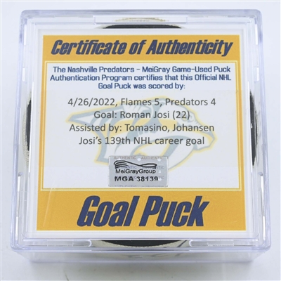 Roman Josi - Nashville Predators - Goal Puck - April 26, 2022 vs Calgary Flames (Predators logo)