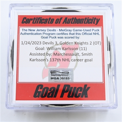 William Karlsson - Vegas Golden Knights - Goal Puck -  January 24, 2023 vs. New Jersey Devils (Devils 40th Anniversary Logo)