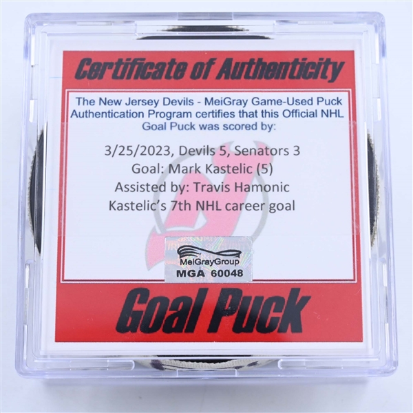 Mark Kastelic - Ottawa Senators - Goal Puck - March 25, 2023 vs. New Jersey Devils (Devils 40th Anniversary Logo)