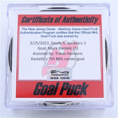 Mark Kastelic - Ottawa Senators - Goal Puck - March 25, 2023 vs. New Jersey Devils (Devils 40th Anniversary Logo)