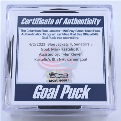 Mark Kastelic - Ottawa Senators - Goal Puck - April 2, 2023 vs. Columbus Blue Jackets (Blue Jackets Logo)