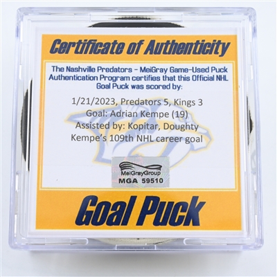Adrian Kempe - Los Angeles Kings - Goal Puck -  January 21, 2023 vs. Nashville Predators (Predators Logo)