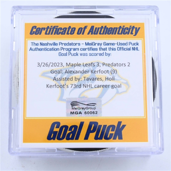 Alexander Kerfoot - Toronto Maple Leafs - Goal Puck - March 26, 2023 vs. Nashville Predators (Predators Logo)