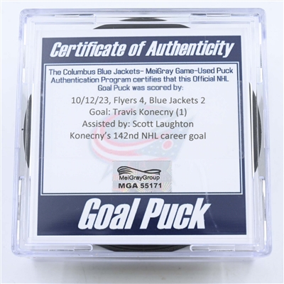 Travis Konecny - Philadelphia Flyers - Goal Puck - October 12, 2023 vs. Columbus Blue Jackets (Blue Jackets Logo)