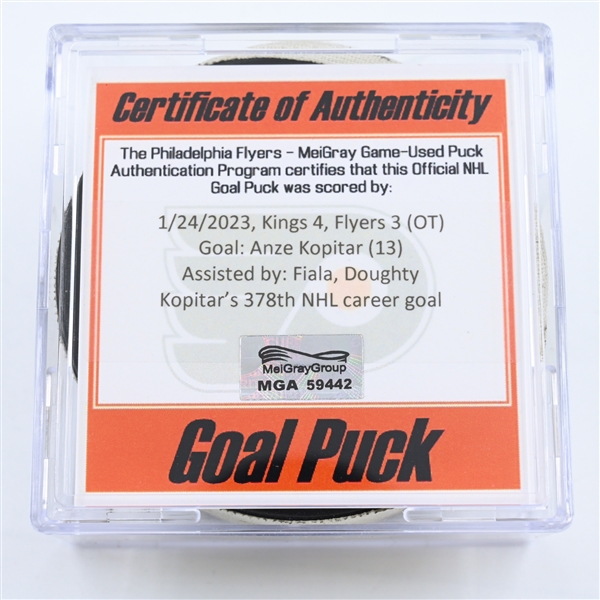 Anze Kopitar - Los Angeles Kings - Goal Puck -  January 24, 2023 vs. Philadelphia Flyers (Flyers Logo)