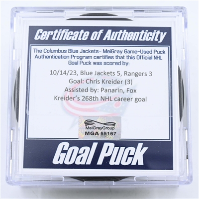 Chris Kreider - New York Rangers - Goal Puck - October 14, 2023 vs. Columbus Blue Jackets (Blue Jackets Logo)