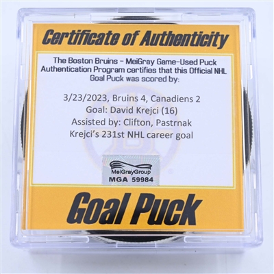 David Krejci - Boston Bruins - Goal Puck - March 23, 2023 vs. Montreal Canadiens (Bruins Logo)
