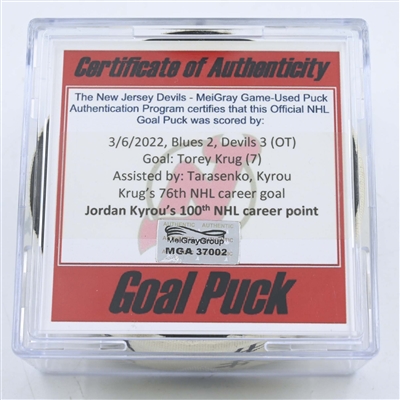 Torey Krug - St. Louis Blues - Goal Puck - March 6, 2022 vs. New Jersey Devils (Devils Logo) - Kyrous 100th NHL career point