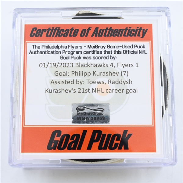 Philipp Kurashev - Chicago Blackhawks - Goal Puck -  January 19, 2023 vs. Philadelphia Flyers (Flyers Logo)