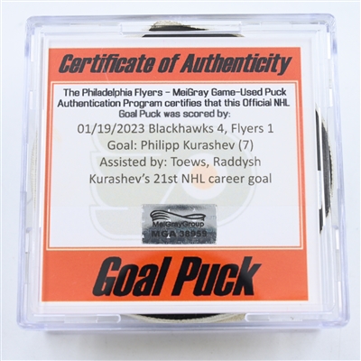 Philipp Kurashev - Chicago Blackhawks - Goal Puck -  January 19, 2023 vs. Philadelphia Flyers (Flyers Logo)