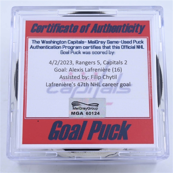 Alexis Lafreniere - New York Rangers - Goal Puck - April 2, 2023 vs. Washington Capitals (Capitals Logo)