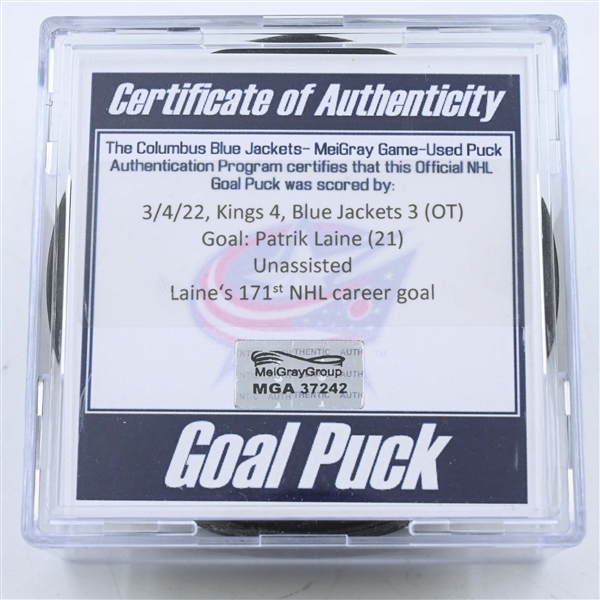 Patrik Laine - Columbus Blue Jackets - Goal Puck - March 4, 2022 vs. Los Angeles Kings (Blue Jackets Logo)