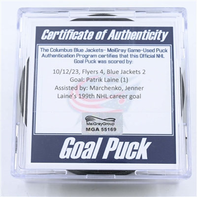 Patrik Laine - Columbus Blue Jackets - Goal Puck - October 12, 2023 vs. Philadelphia Flyers (Blue Jackets Logo)
