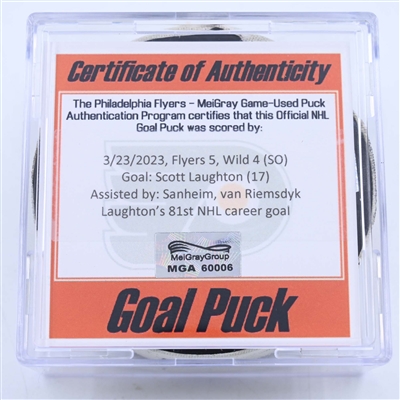 Scott Laughton - Philadelphia Flyers - Goal Puck - March 23, 2023 vs. Minnesota Wild (Flyers Logo)