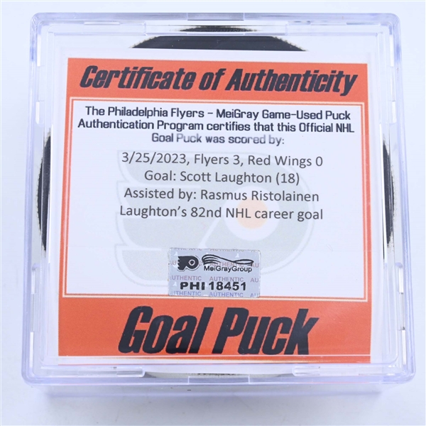 Scott Laughton - Philadelphia Flyers - Goal Puck - March 25, 2023 vs. Detroit Red Wings (Flyers Logo)