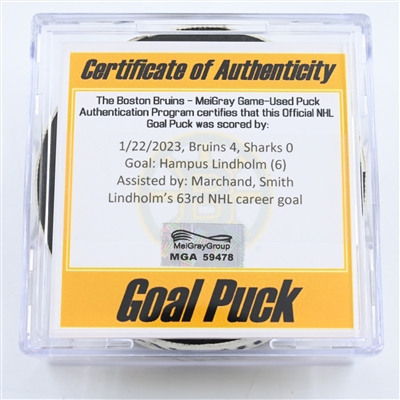 Hampus Lindholm - Boston Bruins - Goal Puck -  January 22, 2023 vs. San Jose Sharks (Bruins Logo)