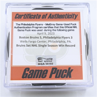 Philadelphia Flyers - Game Puck - April 9, 2023 vs. Boston Bruins (Flyers Logo) - Bruins Set NHL Win Record