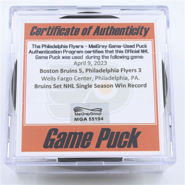 Philadelphia Flyers - Game Puck - April 9, 2023 vs. Boston Bruins (Flyers Logo) - Bruins Set NHL Win Record