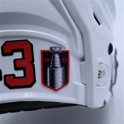 Luke Hughes - Game-Worn White, Bauer Helmet w/ Bauer Shield - 1st NHL Point & Goal - 2022-23 NHL Regular Season and 2023 Stanley Cup Playoffs