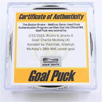 Charlie McAvoy - Boston Bruins - Goal Puck -  January 22, 2023 vs. San Jose Sharks (Bruins Logo)