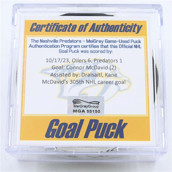 Connor McDavid - Edmonton Oilers - Goal Puck - October 17, 2023 vs. Nashville Predators (Predators 25th Anniversary Logo)