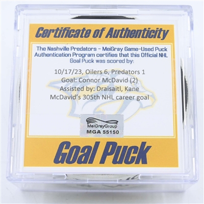 Connor McDavid - Edmonton Oilers - Goal Puck - October 17, 2023 vs. Nashville Predators (Predators 25th Anniversary Logo)