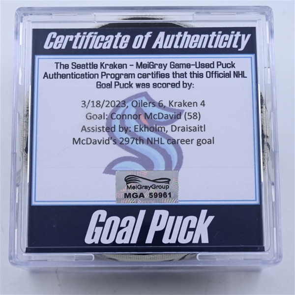 Connor McDavid - Edmonton Oilers - Goal Puck - March 18, 2023 vs. Seattle Kraken (Kraken Logo)